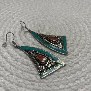 Tribal TURQUOISE & RED CORAL Handmade Sterling 925 Dangle Earrings #205D